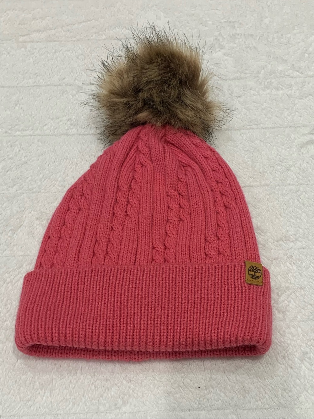 Timberland Women’s Cable-Knit Pom Beanie – Vibrant Pink